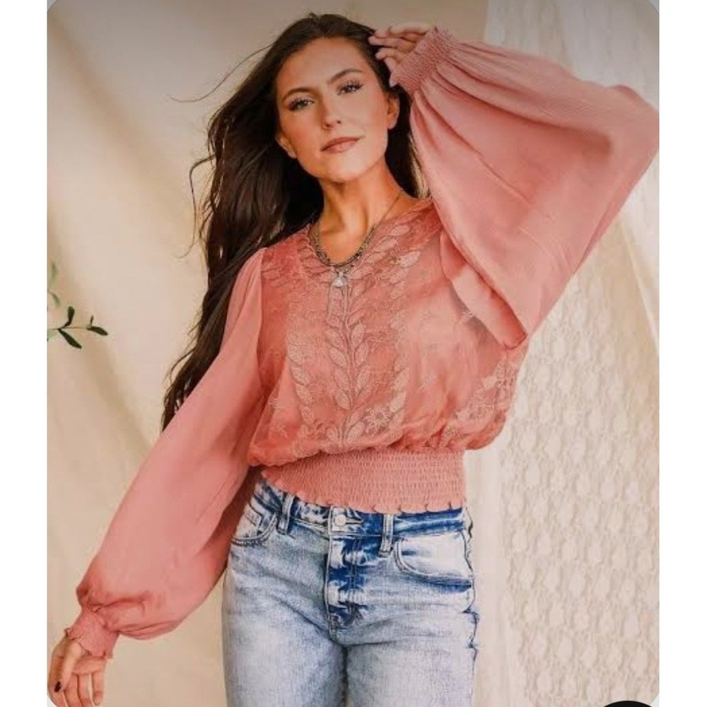Gimmicks Peach Embroridered Long-Balloon-Sleeve V-Neck Peasant Boho Top L NWT